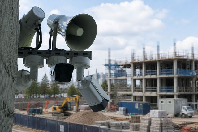 Audio warning speaker and security cameras at a construction site