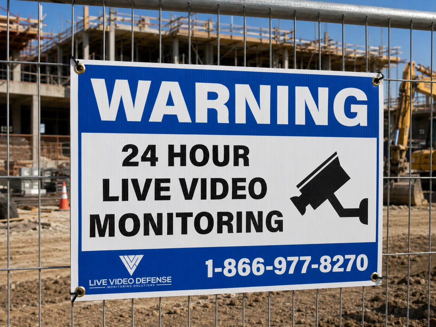 Construction site warning sign for 24 hour live video monitoring