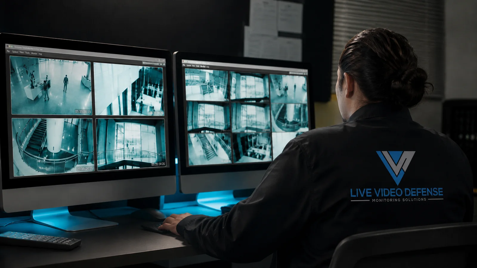 Live video monitoring operator watching security camera feeds