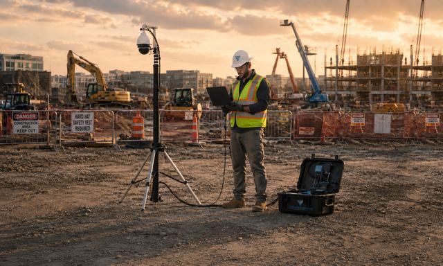 Quick-deploy security camera system at a construction site with a worker using a laptop