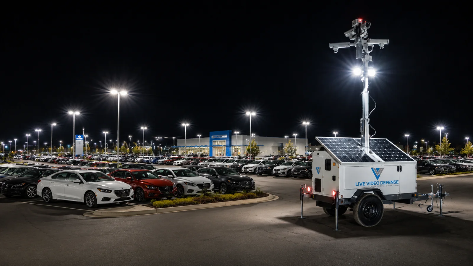 Solar security trailer monitoring a car lot at night